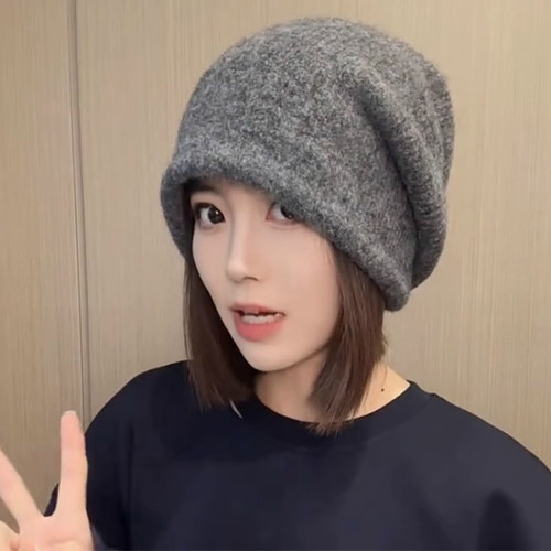 大头围包头毛线帽亮片灰色堆堆帽