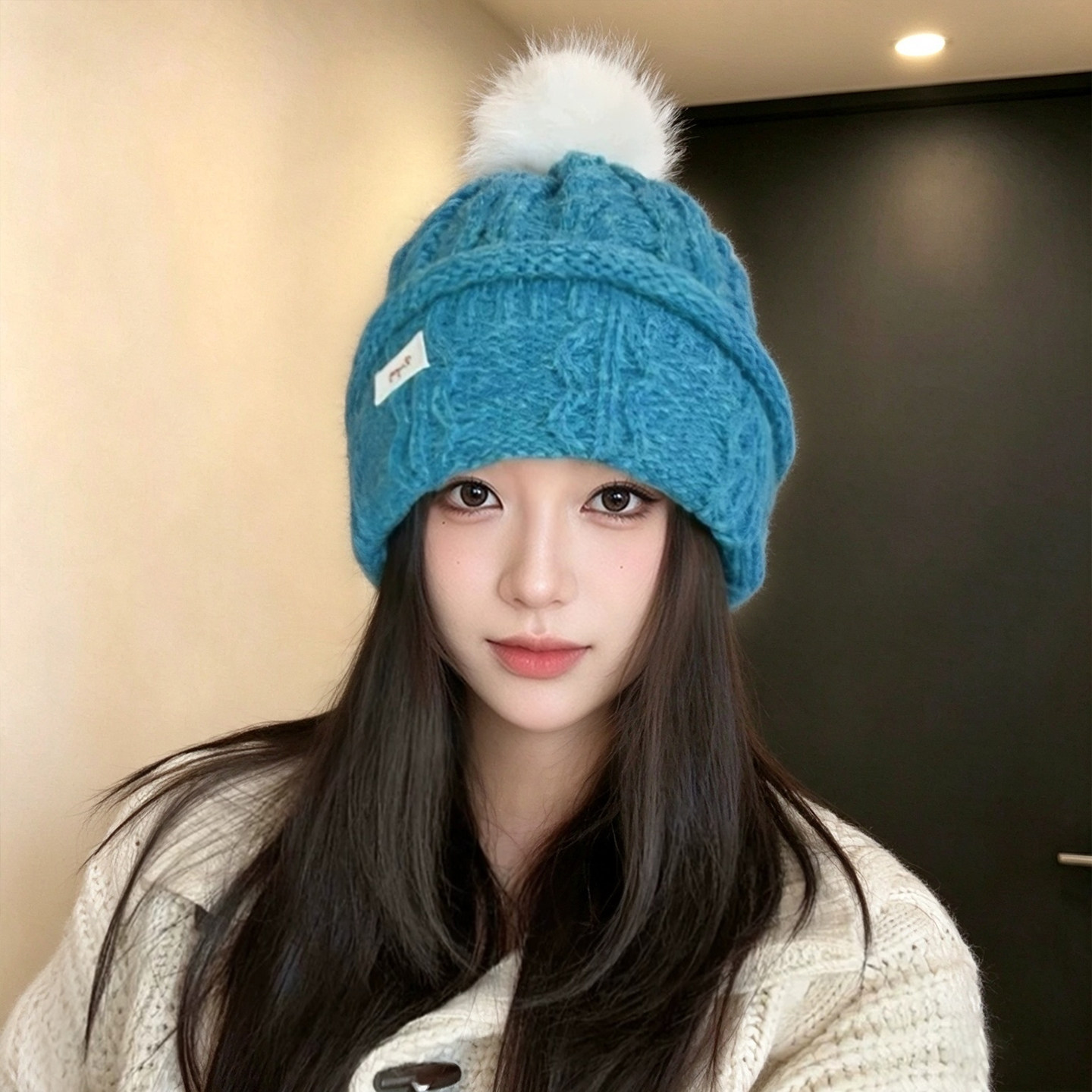韩系麻花毛球护耳针织帽女保暖