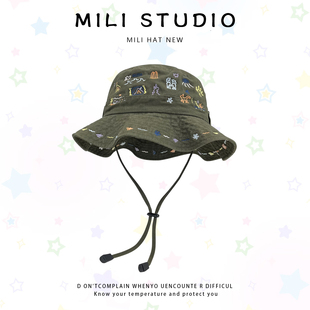 复古重工刺绣渔夫帽女春夏季百搭出游登山帽子户外徒步遮阳防晒帽