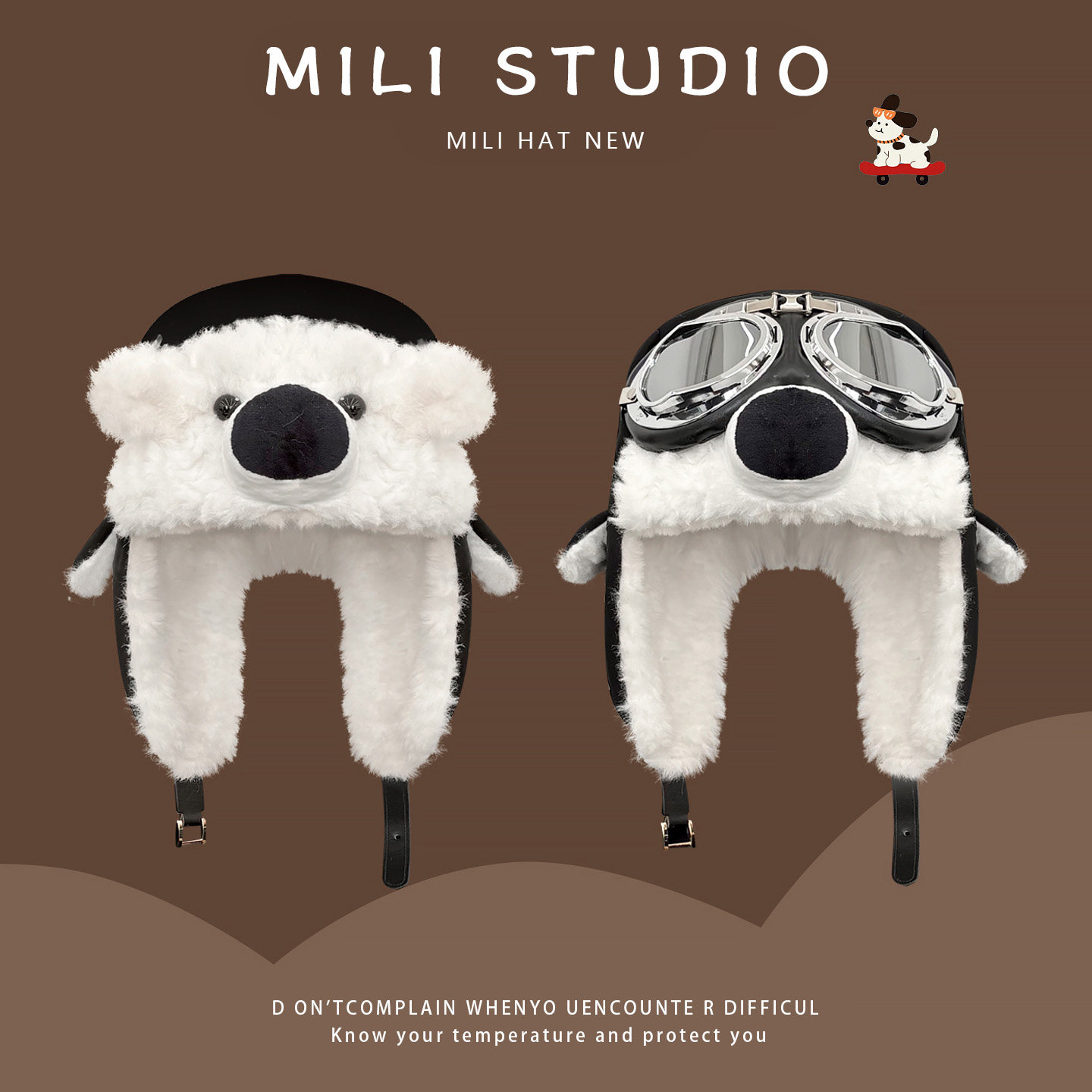 可爱史努比飞行员眼镜帽子女男冬骑行加绒护耳帽防风显脸小雷锋帽