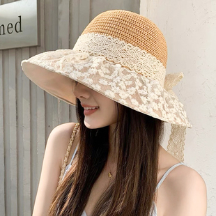 2025夏季海边度假防晒遮阳帽子女时尚可折叠大帽檐蕾丝雏菊黑胶帽
