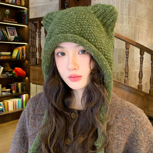 可爱猫耳朵绑带针织帽子女冬季加厚保暖防寒护耳帽显脸小雷锋帽潮