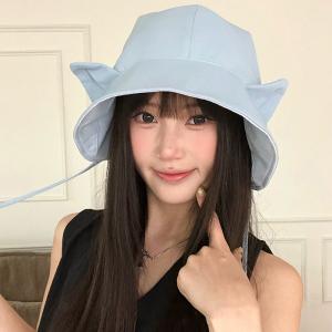 甜美可爱猫耳双面戴渔夫帽女夏季出游遮阳防晒帽子可折叠速干盆帽