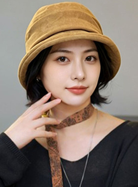 复古灯芯绒宽檐渔夫帽女显脸小