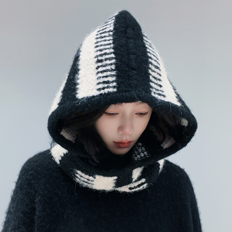 黑白条纹巴拉克拉法帽子女秋冬季