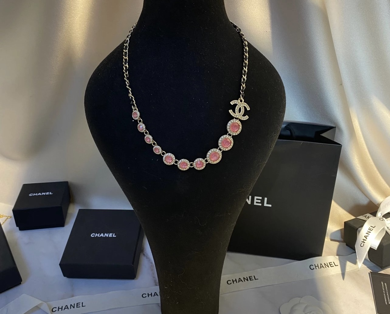 阿段代购 2024款正品 CHANEL/香奈儿 粉钻金属羊皮链子项链颈链