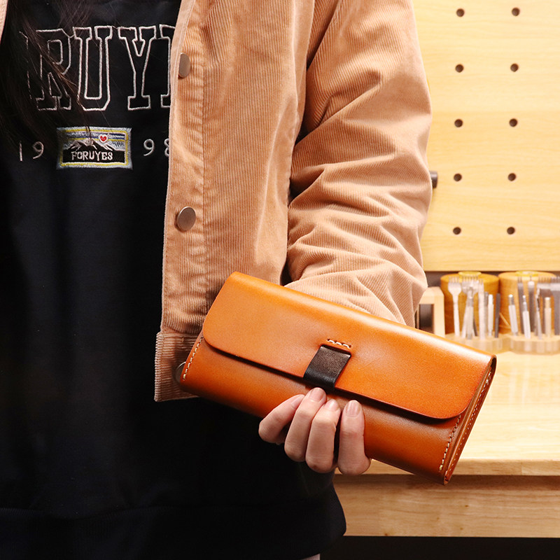 优妮 新款复古撞色手工缝线高档钱包女长款植鞣牛皮钱夹手拿手包