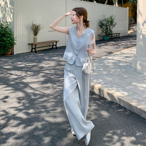 蕾丝拼接浅蓝色短款西装马甲套装女2025夏季韩系新款阔腿裤两件套图片