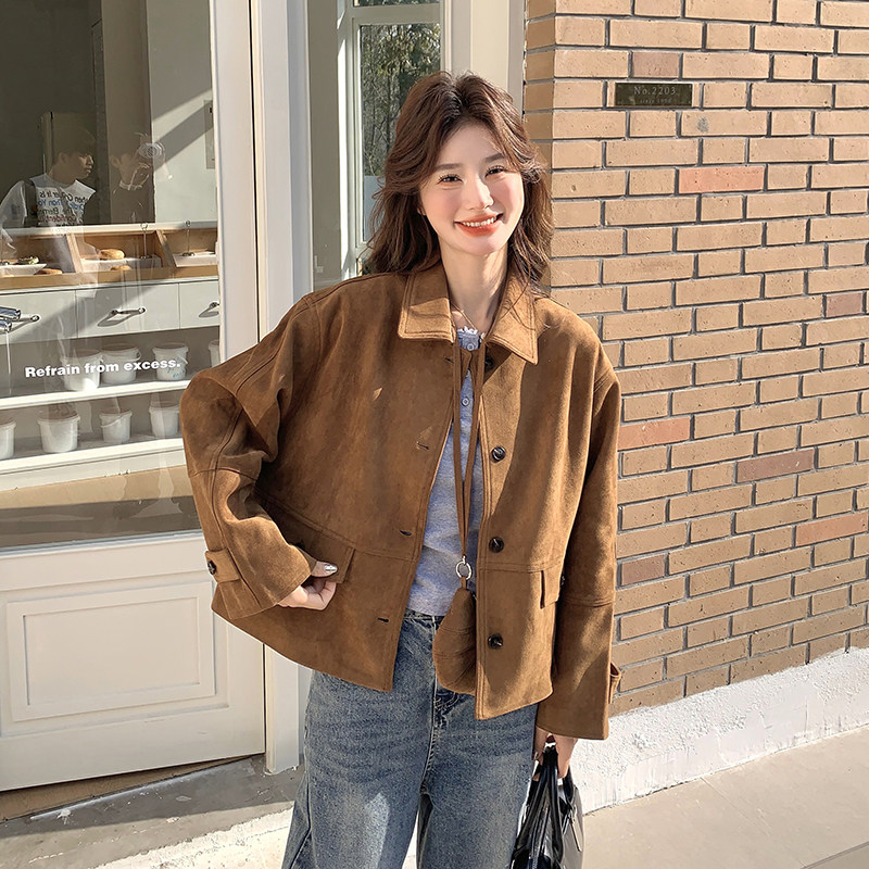 美拉德咖色短款麂皮外套女春秋2025年新款高级感又酷又飒减龄夹克,女装短外套,茜茜公主