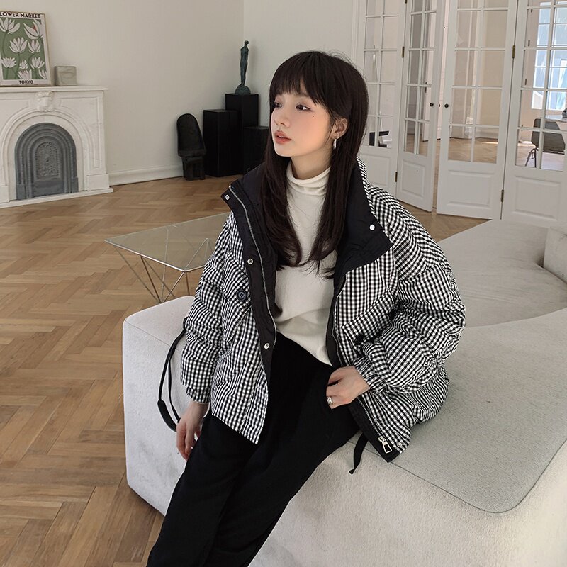 2022冬季新款现货韩系黑白格羽绒服166-9926P205K338图片