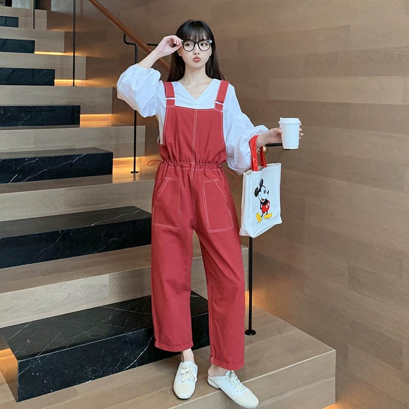 工装裤2021新款秋季韩版百搭休闲阔腿连体裤166-1035P75控128米色，女装牛仔裤，茜茜公主