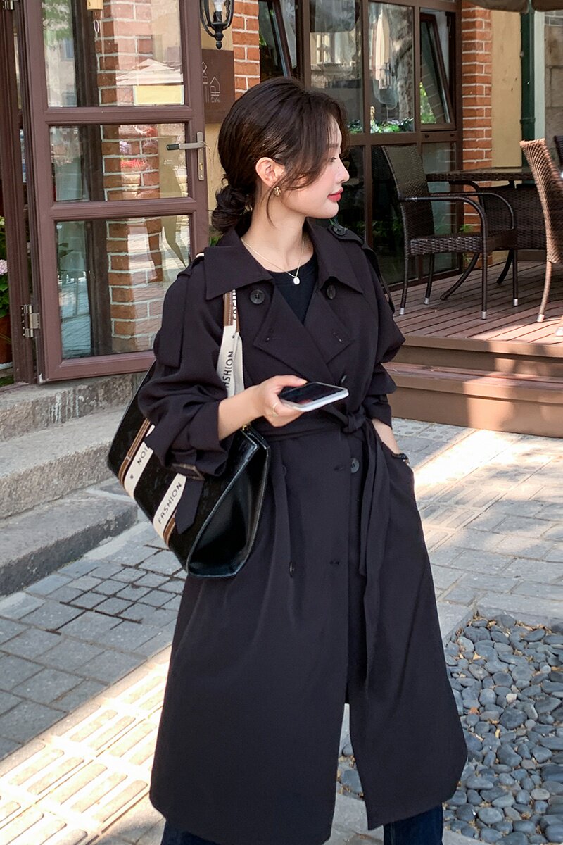 2023春季现货韩版宽松经典风衣外套166-8259P165K238黑色,女装风衣,茜茜公主