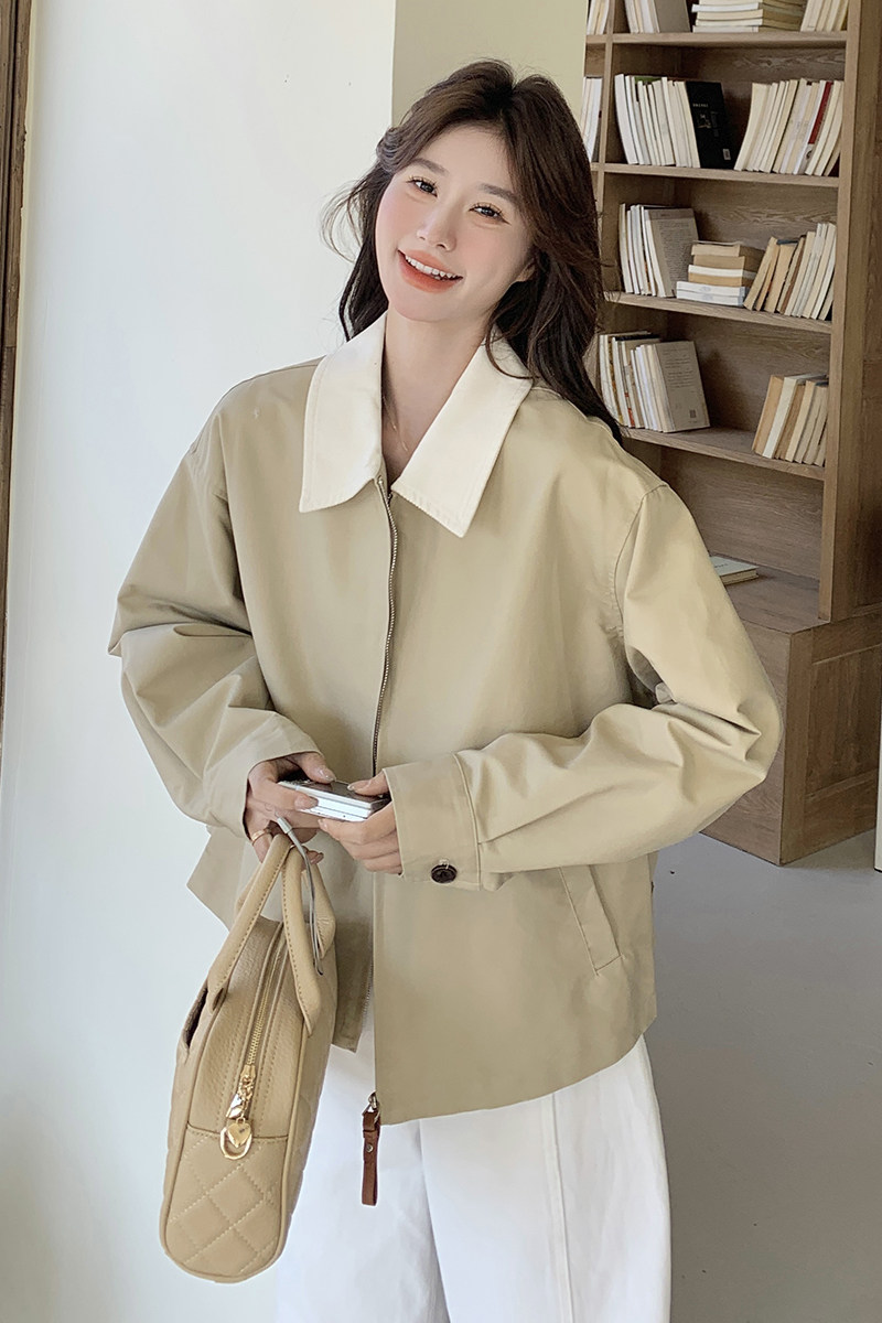 简约撞色翻领休闲外套女2025春季新款韩系高级感宽松小个子上衣潮,女装短外套,茜茜公主