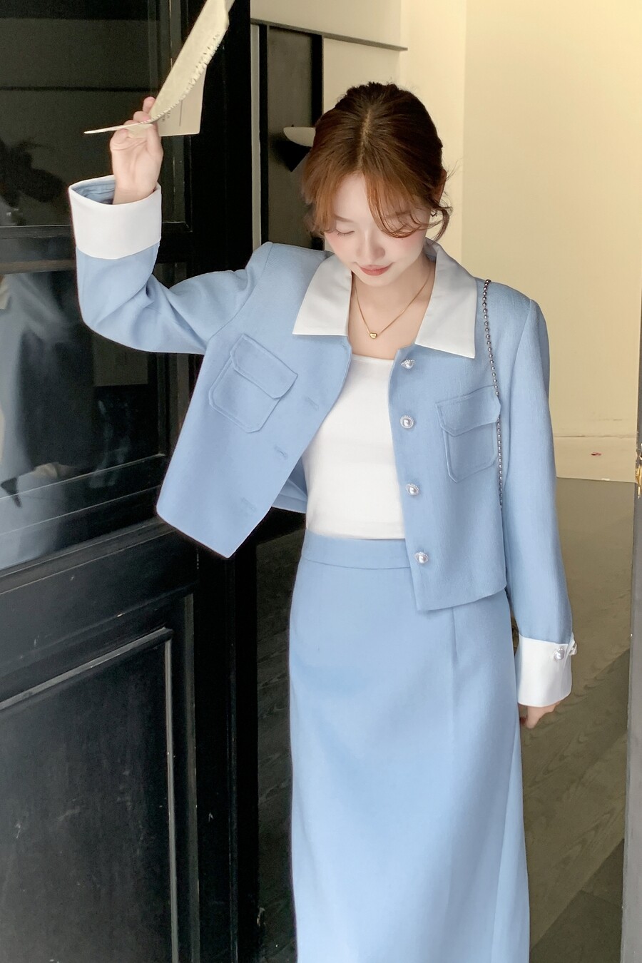 法式小香风撞色外套套装女2025秋季新款超火好看减龄半身裙两件套,女装套装/套裙,茜茜公主
