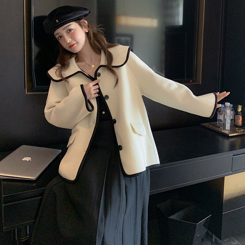 2022冬季新款现货韩版宽松短款双面呢外套166-9902P235K358,女装毛呢外套,茜茜公主