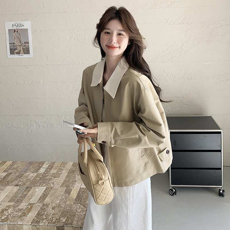 简约撞色翻领休闲外套女2025春季新款韩系高级感宽松小个子上衣潮图片
