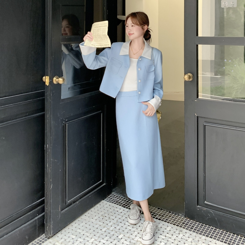 法式小香风撞色外套套装女2025秋季新款超火好看减龄半身裙两件套,女装套装/套裙,茜茜公主