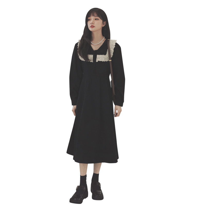 法式蕾丝拼接v领衬衫连衣裙女春装2025年秋冬新款收腰长款小黑裙,女装连衣裙,茜茜公主