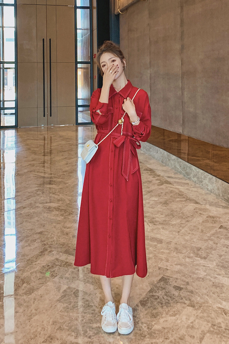 现货！2021新款衬衫裙连衣裙166-8831P105K168酒红,女装连衣裙,茜茜公主