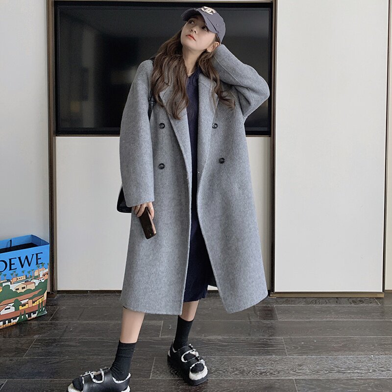 赫本风灰色双面羊绒大衣女秋冬2024新款高级感宽松中长款毛呢外套,女装毛呢外套,茜茜公主