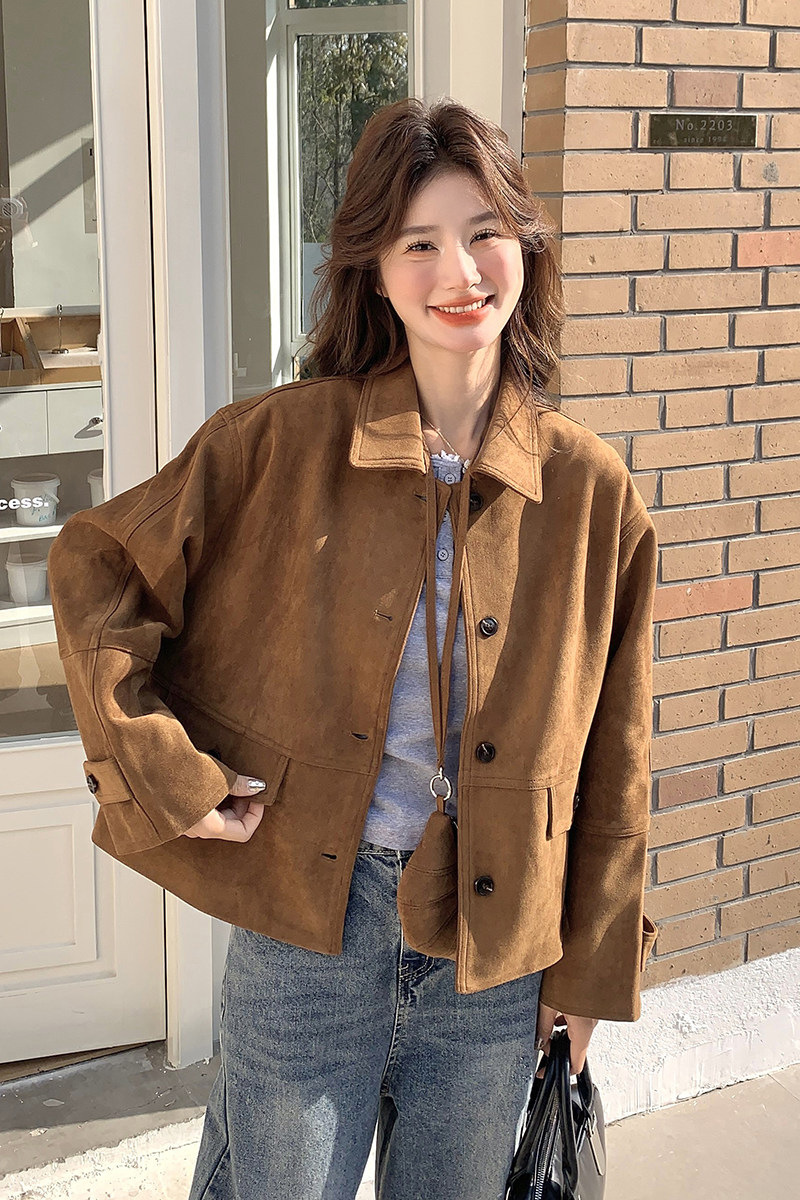 美拉德咖色短款麂皮外套女春秋2025年新款高级感又酷又飒减龄夹克,女装短外套,茜茜公主