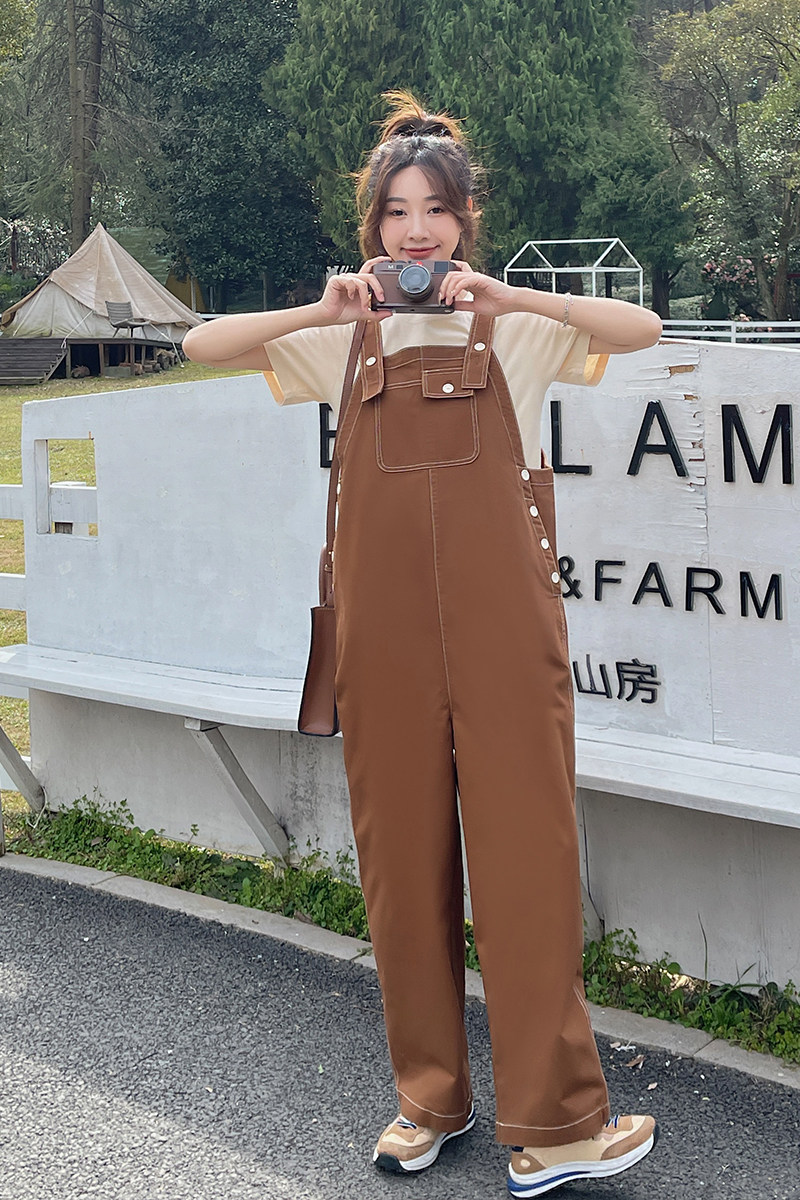 2022新款现货咖色工装韩版复古背带裤166-8208P105K158,女装休闲裤,茜茜公主