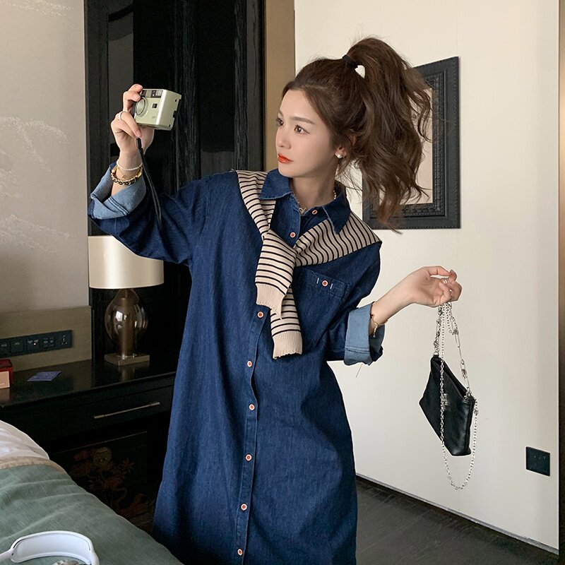高级感披肩连衣裙女2025春秋季新款小个子休闲牛仔长袖衬衫连身裙,女装连衣裙,茜茜公主