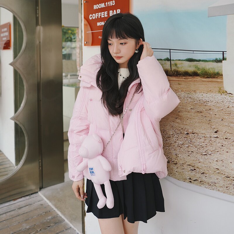 2022冬季新款带小熊背包亮粉色短款羽绒服166-9910P255K388图片