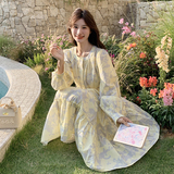 黄色法式碎花连衣裙女2025年春季新款气质温柔风收腰显瘦过膝长裙，女装连衣裙，茜茜公主