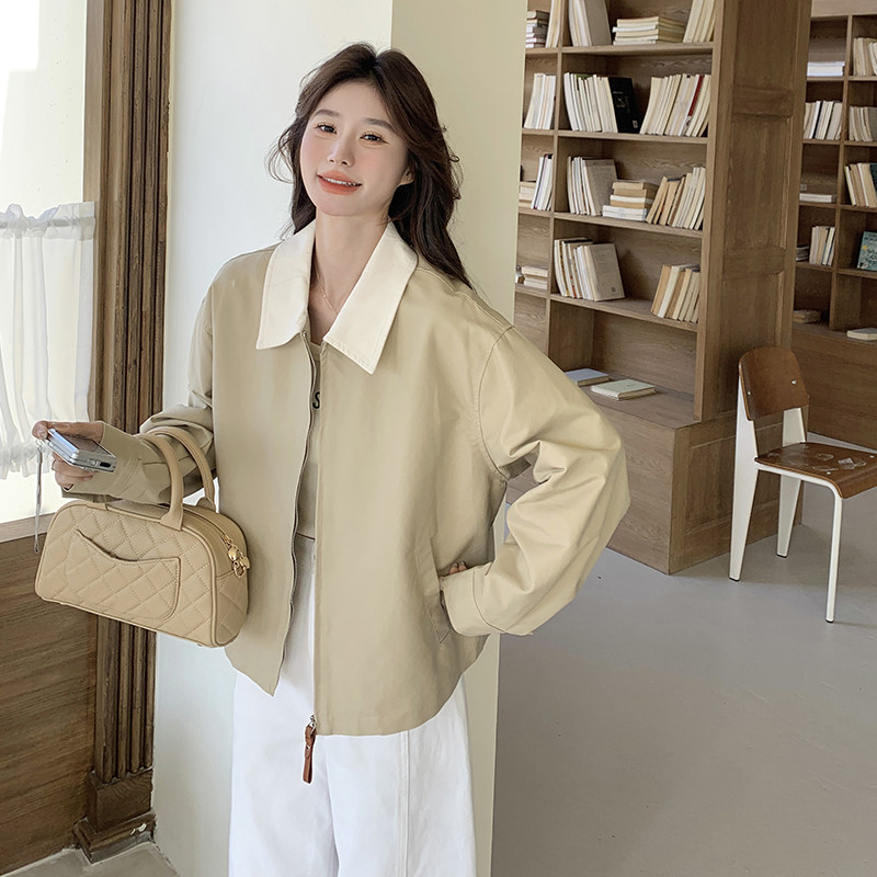 简约撞色翻领休闲外套女2025春季新款韩系高级感宽松小个子上衣潮,女装短外套,茜茜公主