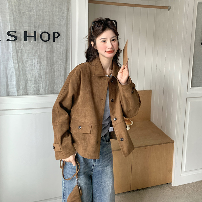 美拉德咖色短款麂皮外套女春秋2025年新款高级感又酷又飒减龄夹克,女装短外套,茜茜公主