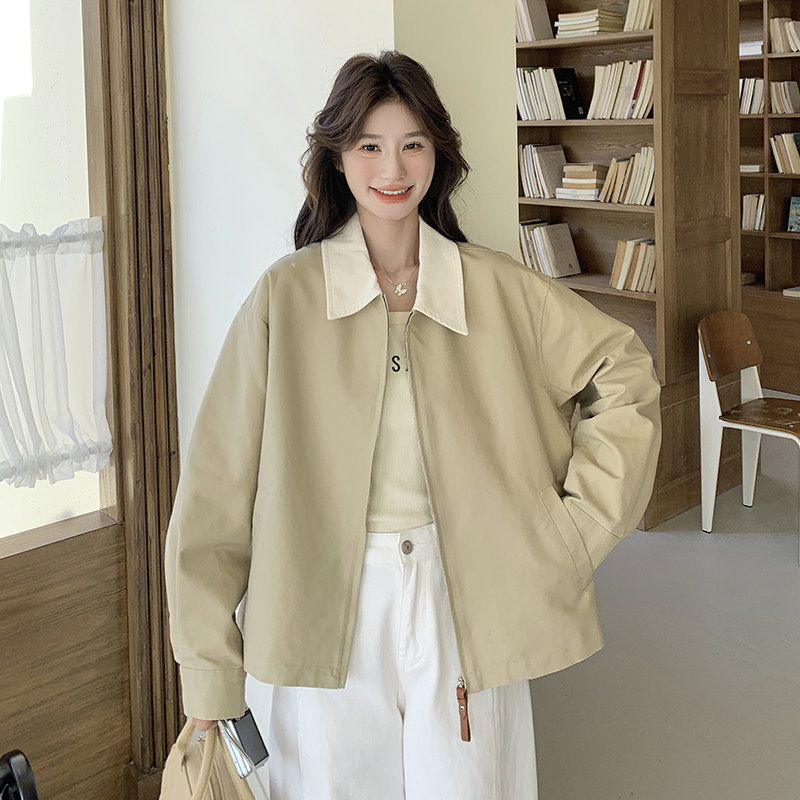 简约撞色翻领休闲外套女2025春季新款韩系高级感宽松小个子上衣潮,女装短外套,茜茜公主