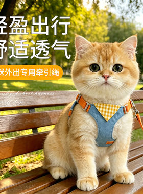 猫咪牵引绳防挣脱遛猫绳子外出幼猫金渐层可调节牛仔胸背带布偶猫