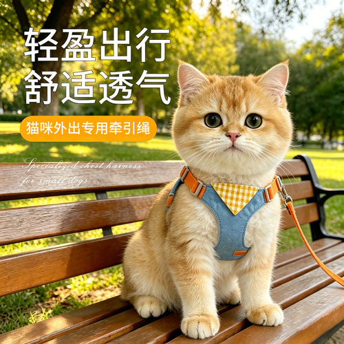 猫咪牵引绳防挣脱遛猫绳子外出幼猫金渐层可调节牛仔胸背带布偶猫