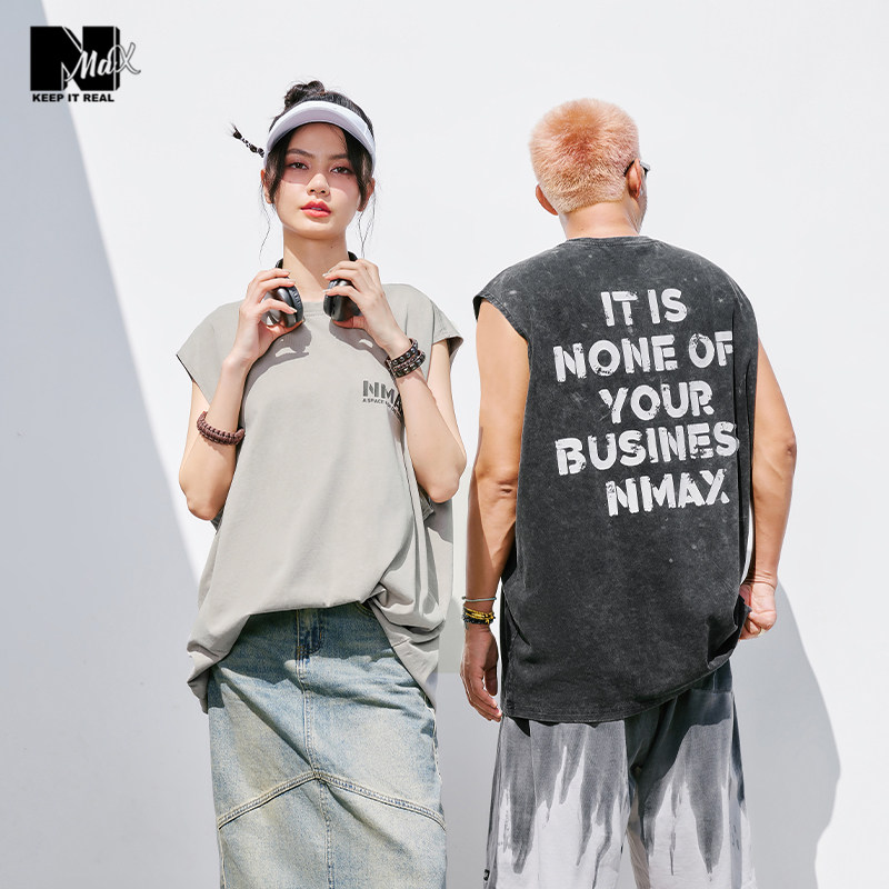 NMAX大码男装潮牌夏季新品字母印花情侣美式复古t恤加肥加大背心