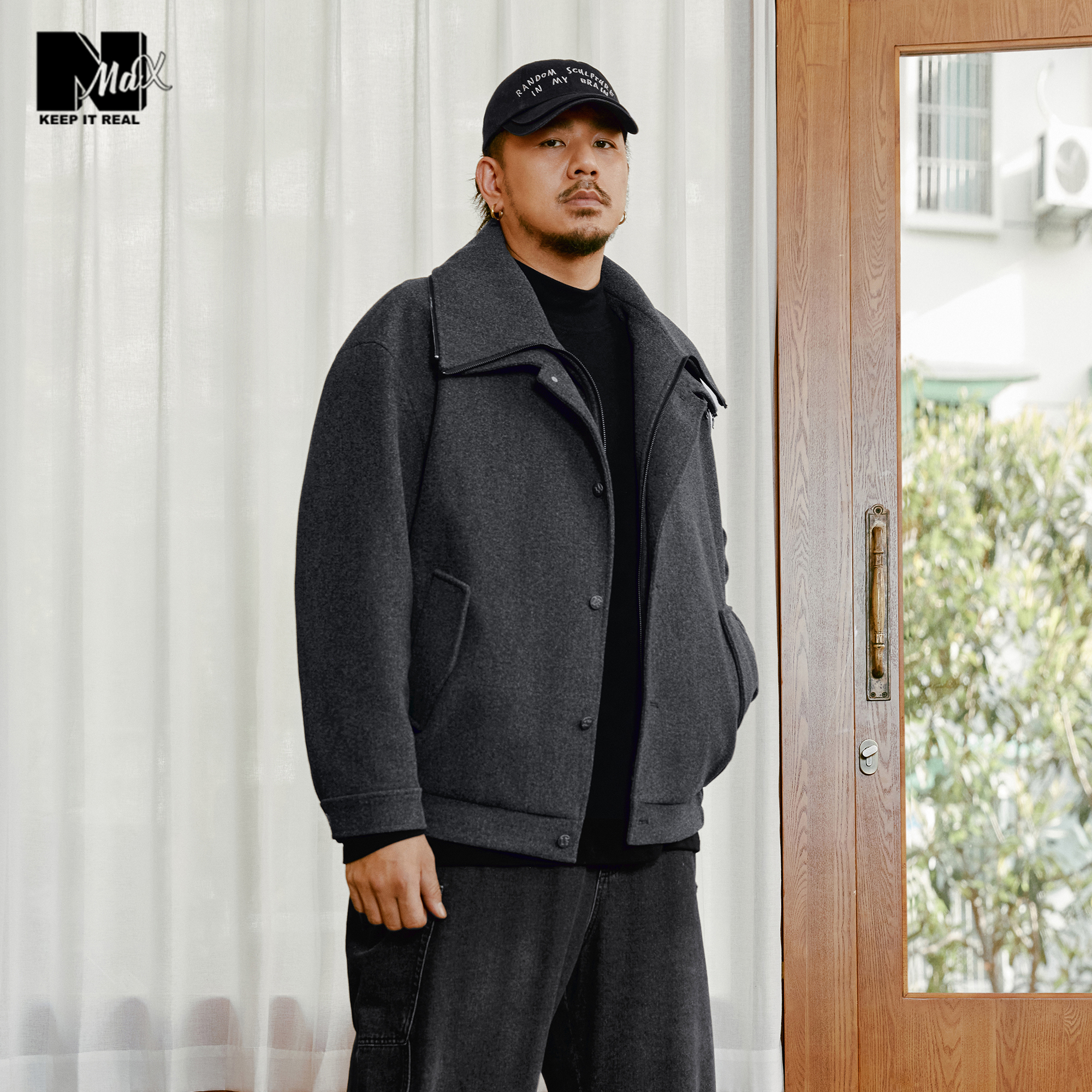 NMAX大码潮牌男装25年冬季新款潮流假两件毛呢面料外套短款大衣