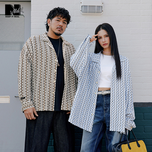 NMAX大码潮牌男装26年春新款蓝白条纹古巴领宽松长袖衬衫加大衬衣