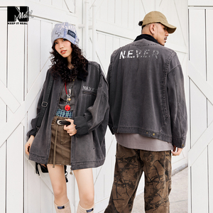 NMAX大码潮牌男装秋新品领口拼接翻领牛仔衣复古做旧短款夹克外套