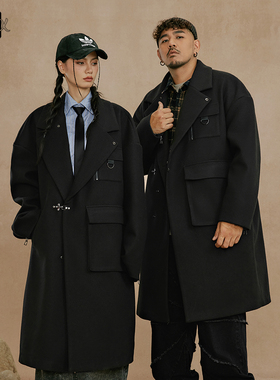 NMAX大码男装冬中长款呢大衣飞机扣装饰翻领黑色风衣外套