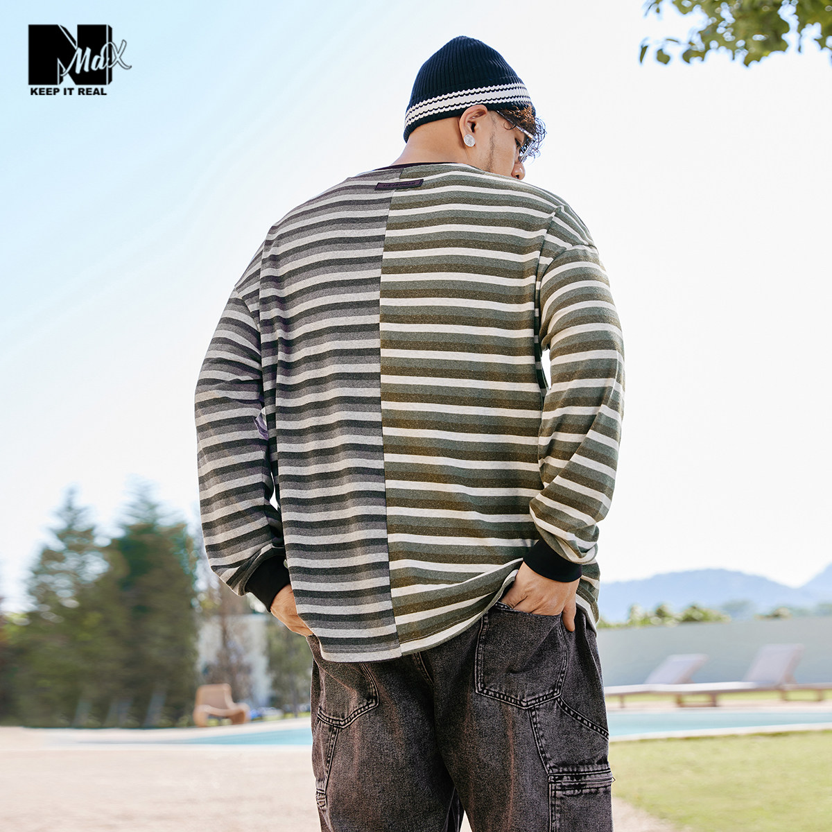 个性阴阳色拼接条纹 舒适宽松透气