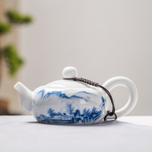手绘山水扁西施壶陶瓷茶壶单个家用泡茶白玉瓷功夫茶具釉下彩