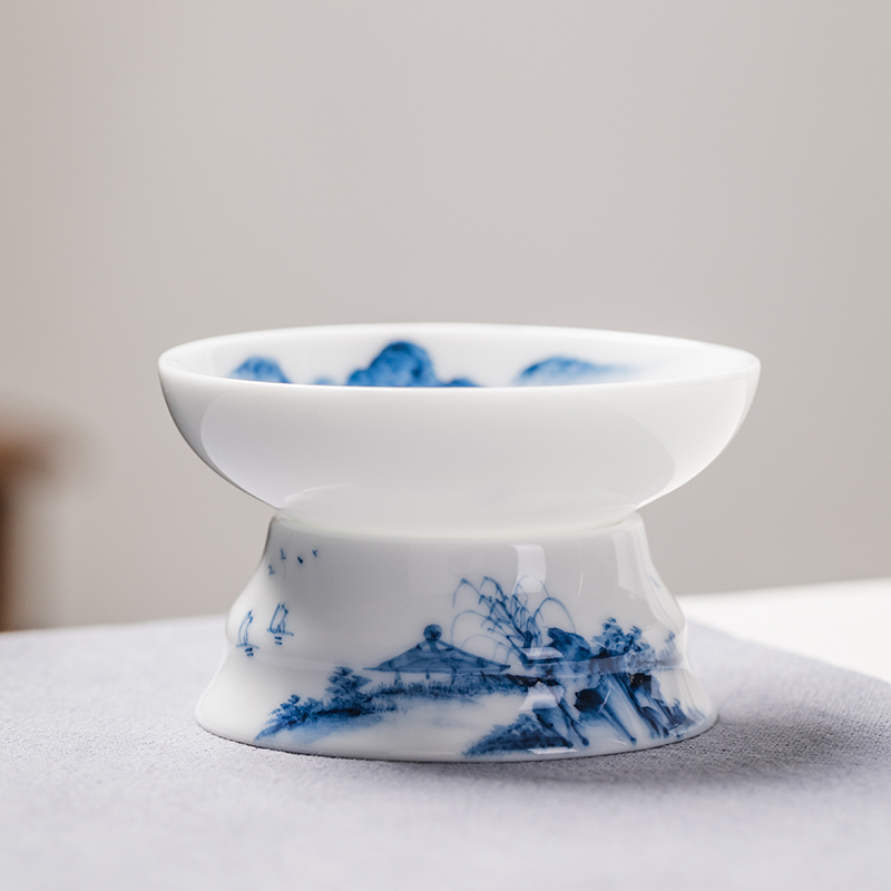 手绘山水柳茶滤陶瓷茶漏过滤网滤茶渣器功夫茶具白瓷中式田园