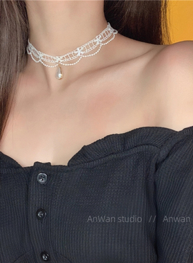 白色蕾丝超仙珍珠chocker项链女锁骨链洛丽塔颈链ins仙气颈带森系