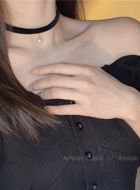 刘亦菲同款绑带黑色脖链珍珠锁骨链颈带网红气质choker女日韩项圈