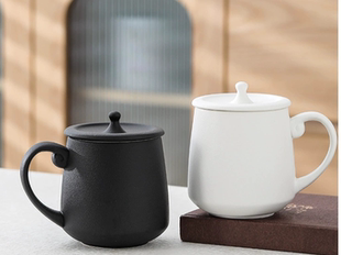 陶瓷办公室茶杯带盖带柄中式 家用茶水杯 个人大号 马克杯白色黑色