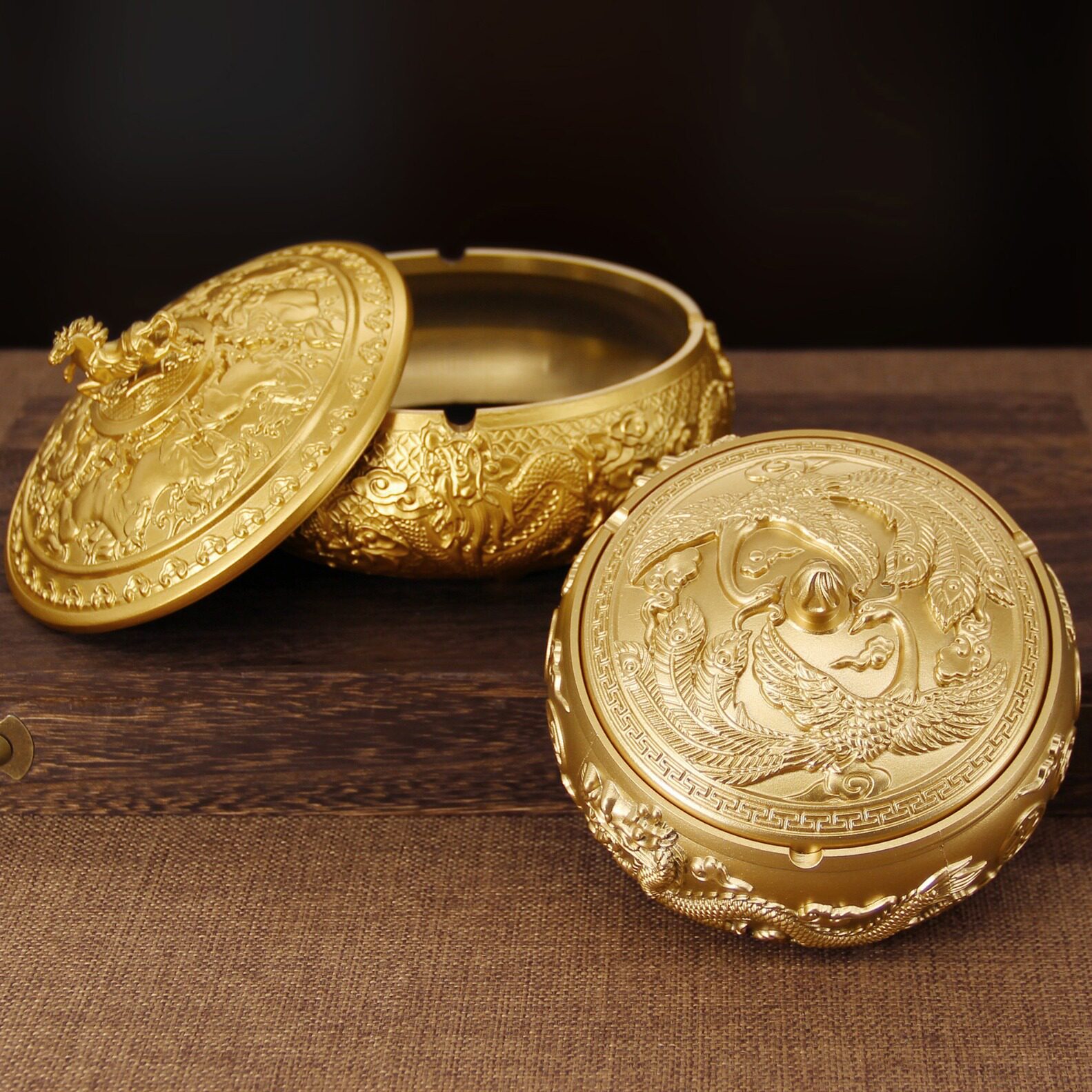 创意黄铜装饰带盖烟灰缸大码 家用客厅中式复古轻奢办公室烟头缸