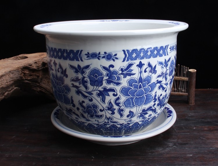 陶瓷花盆大号超大 家用客厅轻奢绿植盆送托盘 景德镇青花发财树盆