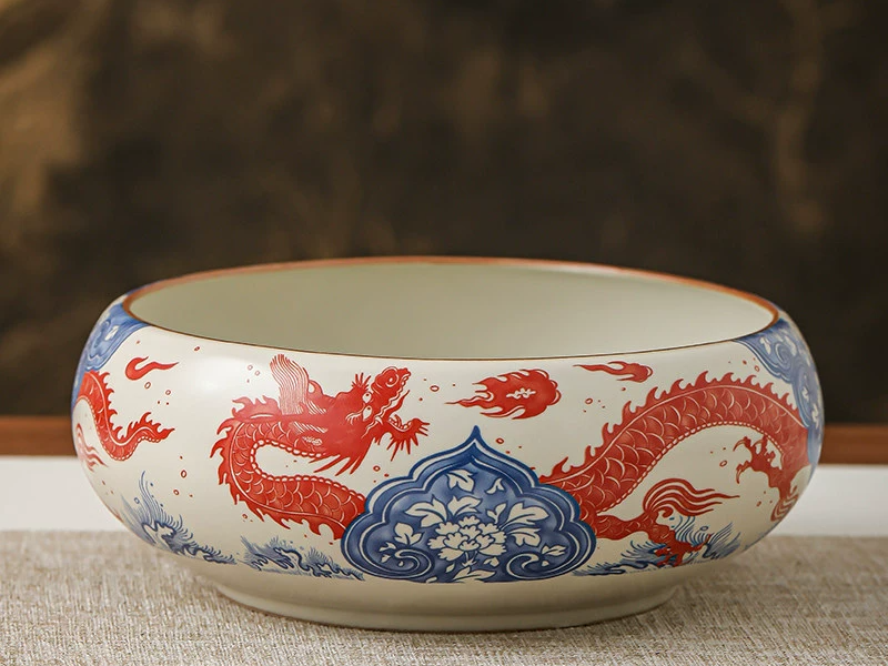 创意中式陶瓷红龙茶洗烟灰缸大码家用客厅高端大气上档次多功能缸