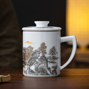 家用茶水杯 陶瓷办公室泡茶杯茶水分离带盖轻奢个人大号马克杯中式