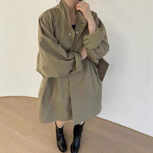 韩系春装韩国chic薄款慵懒风立领宽松休闲长袖中长款风衣外套女士